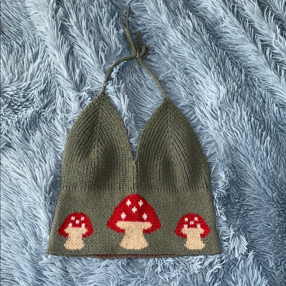 Mushroom Knit Halter Top - Green and Red